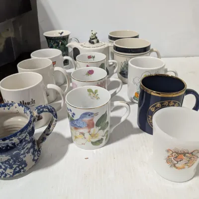 Mugs Lot: Anchor Hocking Mug, Bird Trio, Pair Of Large Loon Lake Mugs, & Panda Tea Pot - Estate Sales Warehouse (GR)