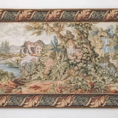Large Vintage Woven Jacquard Tapestry Wall Hanging Euro Watermill & Waterfall Scene, 38" x 59" - Potterville