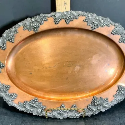 Sale Photo Thumbnail #301: Vintage Sheffield Silver Co. Copper Serving Tray w/ Applied Grape & Vine Border - Approx. 16-17 – Potterville