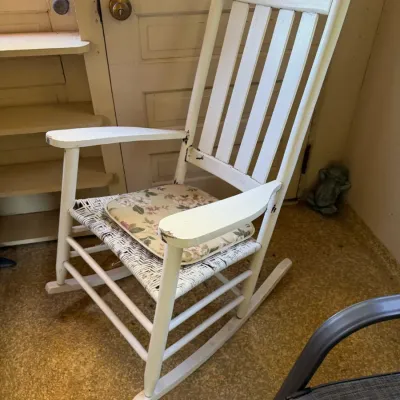 White Wooden Rocking Chair with Woven Seat & Floral Cushion - Farmhouse Style - Lake Odessa Off-Site