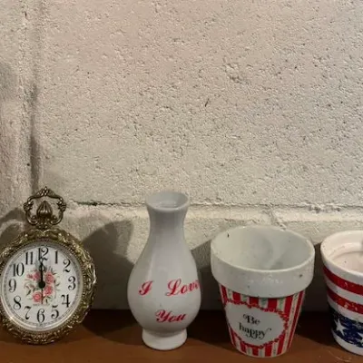 Assorted Decorative Collectibles - Westclox Clock, Rose Vase, Figurine & Planters - Lake Odessa Off-Site