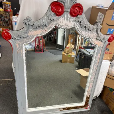 Large Baroque Style Carved Wall Mirror, Painted Gray & Red Distressed Frame