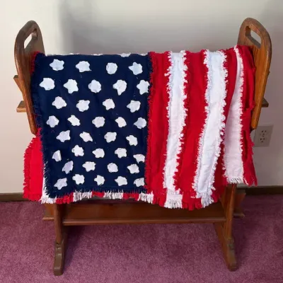 Handmade American Flag Red White & Blue Chenille Blanket with Wooden Quilt Rack - Lake Odessa Off-Site