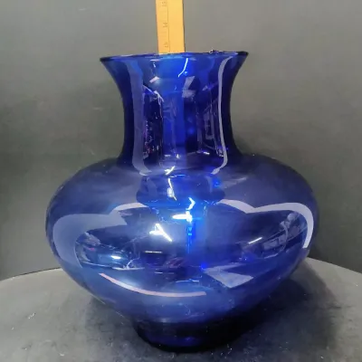 Large 12" Cobalt Blue Optic Rib Glass Vase, Handblown Mid Century Art Glass Onion Urn - Potterville