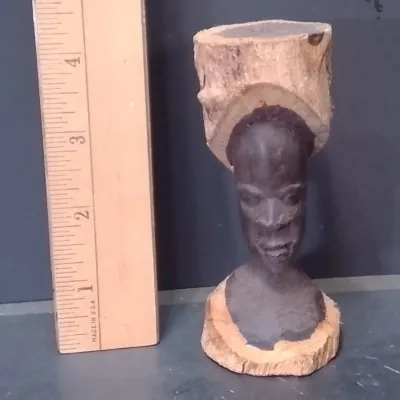 African Hand-Carved Dark Wood Bust, Featuring Natural Bark Edges. Measures Approx. 4 Inches - Potterville