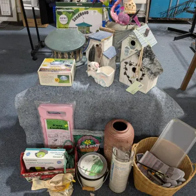 Large Outdoor Decor Lot: Bird Houses, Feeders, Pots, Gloves, Equipment, Etc. - Estate Sales Warehouse (GR)