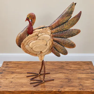 Sale Photo Thumbnail #264: Autumn Turkey Sculpture with Body Made of Layered Wooden Rounds and a Rustic Fanned Metal Tail