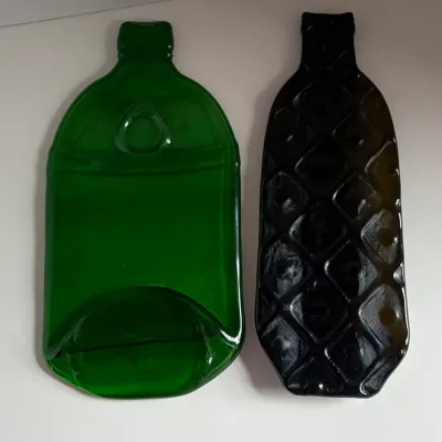 Sale Photo Thumbnail #214: Vintage Set of Kiln Slumped Flattened Bottles - Tanqueray Gin & Brian's Original