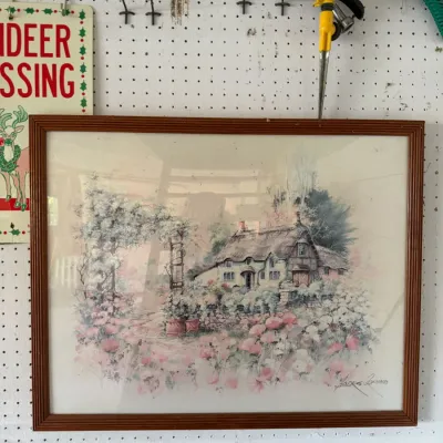 Framed Country Cottage & Flower Garden Landscape Art Print - Signed Artist - Lake Odessa Off-Site