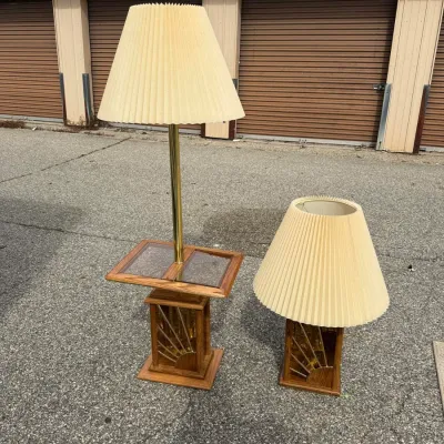 Oak & Brass Sunburst Lamp Set (2): Floor Lamp w/ Glass Table Tray & Table Lamp