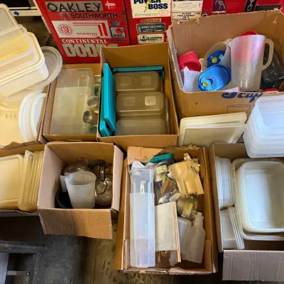8 Large Boxes of Vintage Plastic Tupperware and Kitchenware
