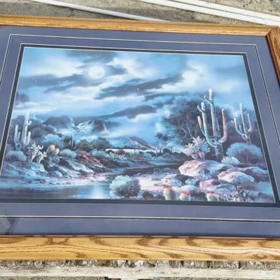 Framed Desert Landscape Wall Art With Cactus & Moonlit Night Scene - 36" x 44" Wood Frame