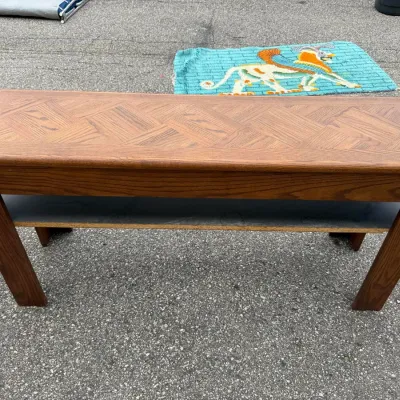 Oak Sofa Console Table with Parquet Veneer Top and Lower Shelf
