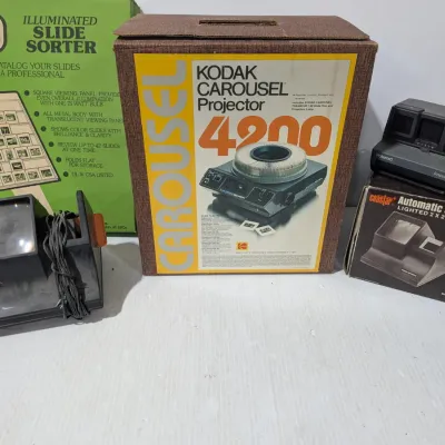 Vintage Polaroid Camera, Kodak Carousel 4200 Projector, Automatic Slide Viewers & Kenco Slide Sorter - Estate Sales Warehouse (GR)
