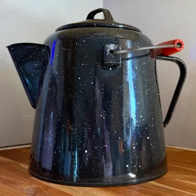 Sale Photo Thumbnail #100: Vintage Granite Ware 100oz Black Coffee Boiler Cowboy Coffee Pot - Great Condition!