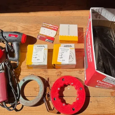 Assorted Workshop Tools & Supplies -Sandpaper, Blast Gun, Drill Master & Fish Tapes – Howard City Off-Site