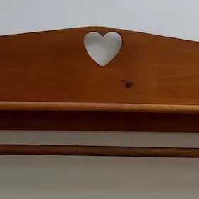 Rustic Wooden Wall-Mounted Shelf with Heart Cutout & Towel Bar - Country Decor - Lake Odessa Off-Site
