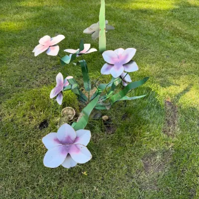 Decorative Metal Flower Garden Sculpture - Pink & White Floral Yard Art - Lake Odessa Off-Site