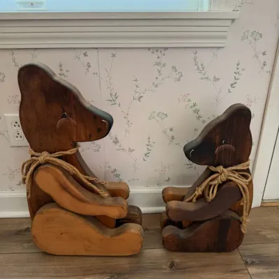 Pair of Handcrafted Folk Art Wooden Bears with Articulated Arms & Rope Bows – Howard City Off-Site