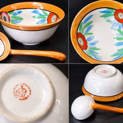 Vintage Hand Painted Floral Ceramic Serving Bowl & Matching Ladle Orange Rim 2 Pc Set - Potterville