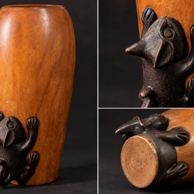 Vintage Handcrafted Wooden Vase with Climbing Black Cat Rustic Folk Art Decor - Potterville