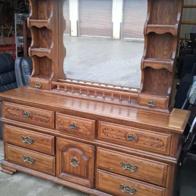 Sale Photo Thumbnail #33: Vintage Solid Oak Double Dresser w/ Hutch Mirror