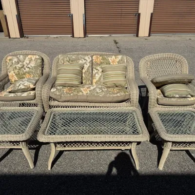 6 Pcs. of Vintage Wicker Furniture w/ Glass Tabletops and Cushions