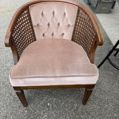 Vintage Cane Barrel Back Club Chair, Tufted Mauve Velvet, Wood Frame, Hollywood Regency Style