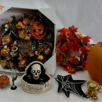 Fall Decor Collection - 2 Wreaths, Candy Dishes, Wine Glass, Sugar & Creamer, Carving Pumpkin