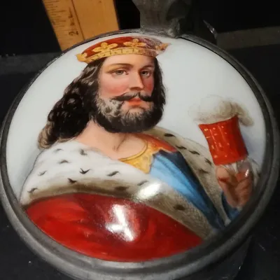 Antique c.1900 King Gambrinus Glass Beer Stein w/ Pewter Lid & Porcelain Medallion – Potterville