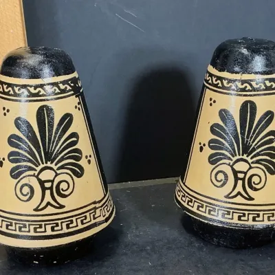 Vintage Greek Black-Figure Ceramic Salt & Pepper Shakers With Mythological Motifs - Potterville