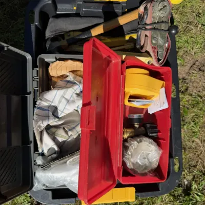 Assorted Hand Tools, Ratchet Straps, Cables & Hardware in Storage Tote - Howard City Off-Site