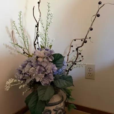 Decorative Blue & White Ceramic Vase with Artificial Hydrangea Floral Arrangement - Lake Odessa Off-Site