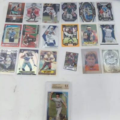 19 Sports Cards in 9 Count Protective Pages Plus Bowman Prospect Graded 9.5, Football, Basketball