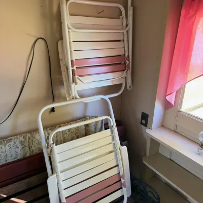 Set of 2 Folding Metal Lawn Chairs - White & Pink Slatted Patio Seating - Lake Odessa Off-Site