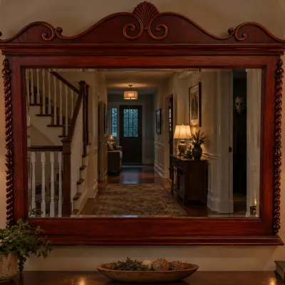 Sale Photo Thumbnail #194: Vintage Westedges Wooden Framed Mirror w/ Steel Rail Backers 51"X48"