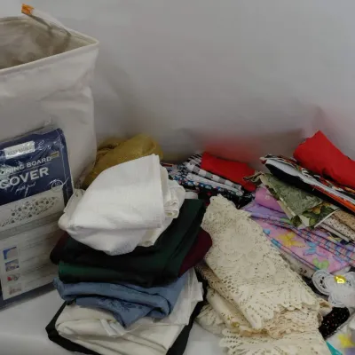 Basket of Cloth, Lace Doilies, Ironing Board Cover, Table Linens for Mostly 70" Round Table