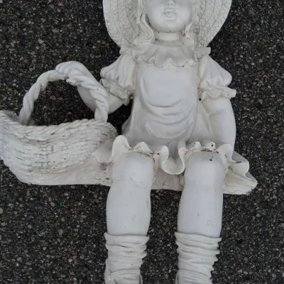 Sale Photo Thumbnail #203: Plaster Girl w/ Basket Sitting on Garden Bench - Garden Statue