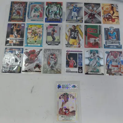19 Sports Cards in 9 Count Protective Pages Plus Willie Mays Baseball Card Graded 10, RC's...