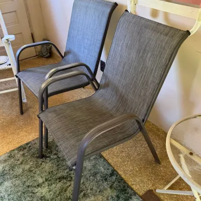Set of 2 Gray Mesh Sling Patio Armchairs - Metal Frame Outdoor Seating - Lake Odessa Off-Site