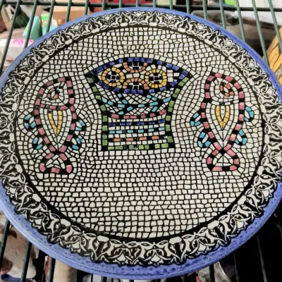 Large Holy Land Byzantine Style Mosaic Bird Design Decorative Ceramic Decor Blue Rim - Potterville
