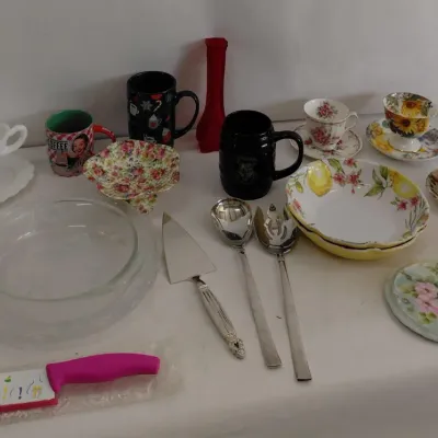 Teacups & Saucers, Trivet, Mugs, Milk Glass Gravy with Tray, Salad & Pie Servers, Cake Knife