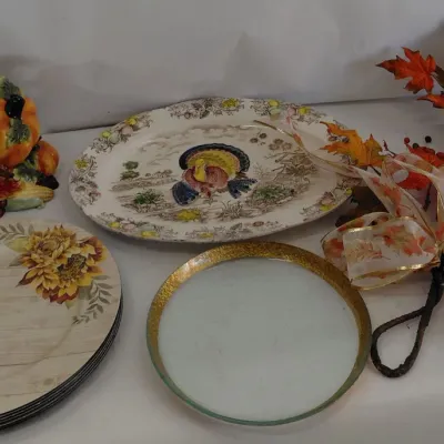 Thanksgiving Decor - Large Serving Platter, 6 Chargers, Floral Decor, Cornucopia, Glass Turkey