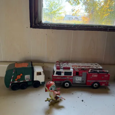 Tonka Fire Department Ladder Truck, Toy Garbage Truck & Tin Wind-Up Bird - Lot of 3 - Lake Odessa Off-Site