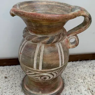 Rustic Southwestern Style Pottery Vase with Decorative Scrollwork & Curved Handle - Lake Odessa Off-Site