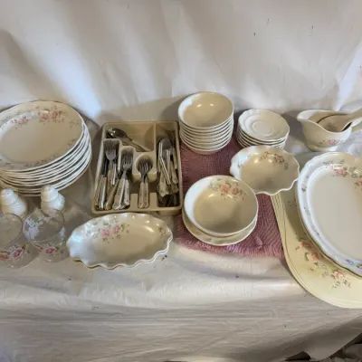 Vintage Set of Pfaltzgraff Tea Rose Stoneware Dinnerware and Accessories