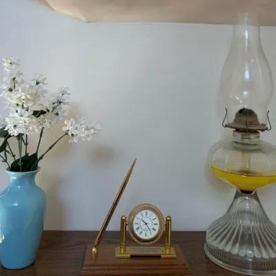 Vintage Style Glass Oil Lamp, Brass Quartz Desk Clock & Blue Flower Vase Decor - Lake Odessa Off-Site