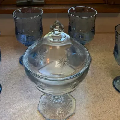 Blue Floral Embossed Goblets with Clear Starburst Pedestal Covered Candy Dish – Lake Odessa Off-Site