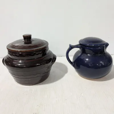 Vintage Harvest Oven Proof Stoneware Brown Bean Pot & Blue Stoneware Coffee Carafe Pitcher - Estate Sales Warehouse (GR)