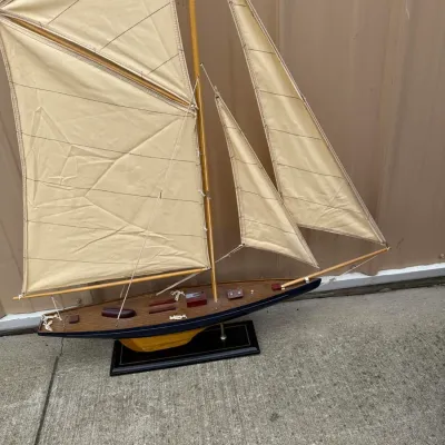 Wooden Model Sailboat Yacht, Gaff Rigged with Canvas Sails, Black Display Stand